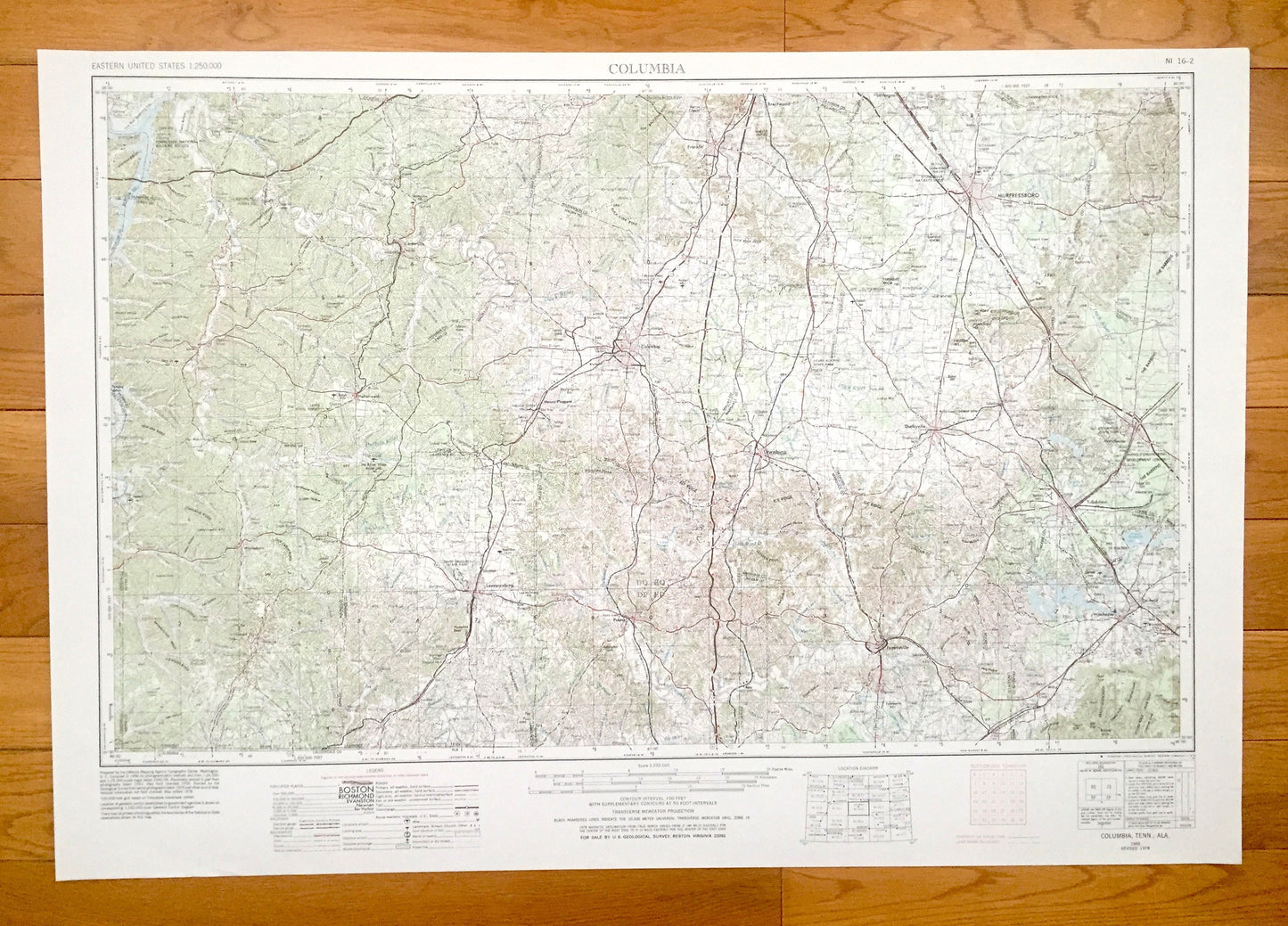 Antique Columbia, Tennessee 1956 US Geological Survey Topographic Map – Lawrenceburg, Fayetteville, Tullahoma, Shelbyville, Murfreesboro TN