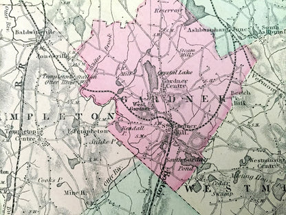 Antique 1871 Worcester County, Massachusetts Topographical Map from Stedman & Lyon Atlas – Sturbridge, Auburn, Webster Charlton Wachusett MA