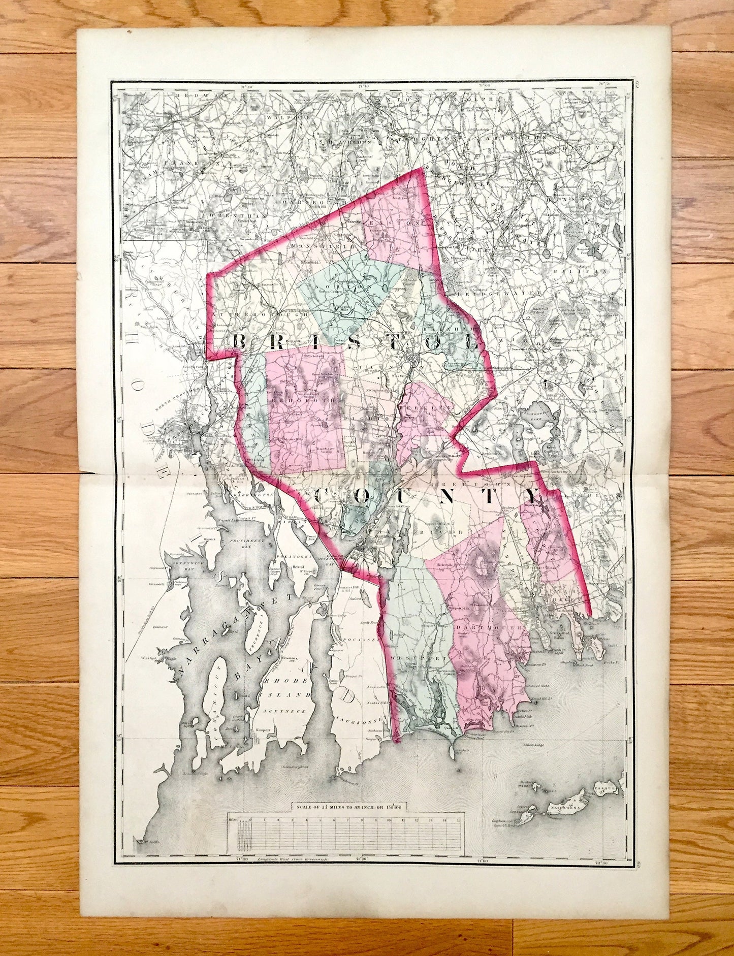 Antique 1871 Bristol County, Massachusetts Topographical Map from Stedman Brown & Lyon Atlas – Fall River, New Bedford Westport Dartmouth MA