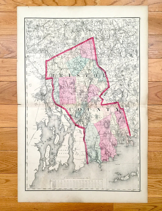 Antique 1871 Bristol County, Massachusetts Topographical Map from Stedman Brown & Lyon Atlas – Fall River, New Bedford Westport Dartmouth MA