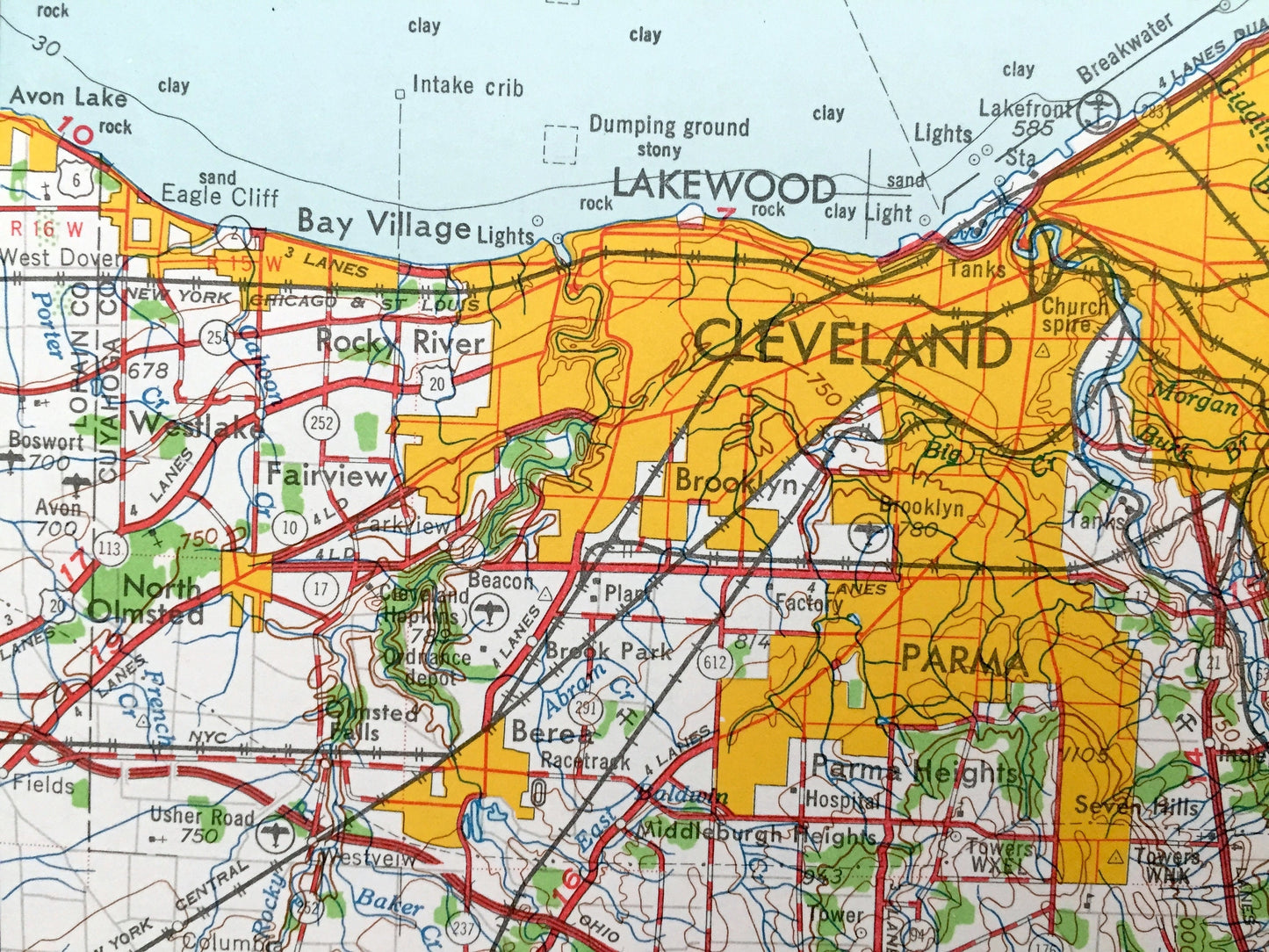 Antique Cleveland, Ohio 1962 US Geological Survey Topographic Map – Akron, Youngstown, Cuyahoga Falls, Lakewood Barberton Euclid Ontario OH