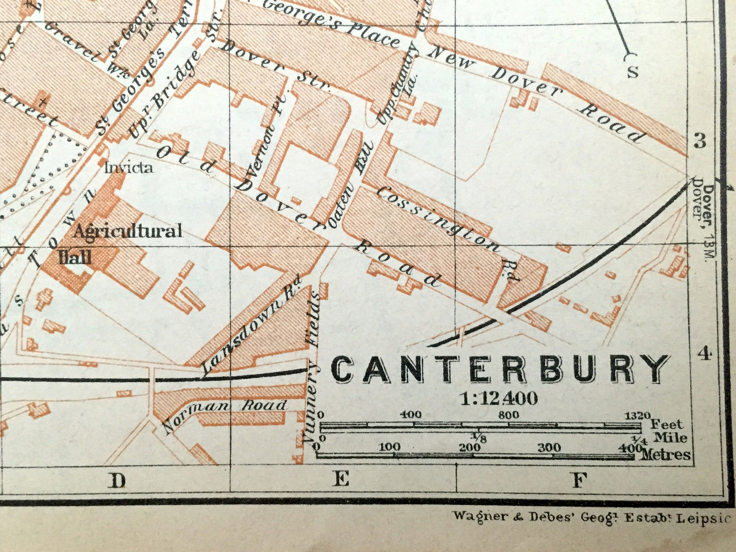 Antique 1927 Canterbury, England Map from Baedekers Atlas of Great Britain – Kent, St Augustines College, Whitefriars, Shakespeare, Tales