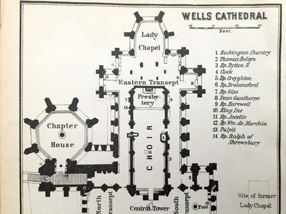Antique 1927 Wells Cathedral Architectural Plan from Baedekers Atlas of Great Britain – Somerset, England, Mendip, Bishops Palace, Woodbury