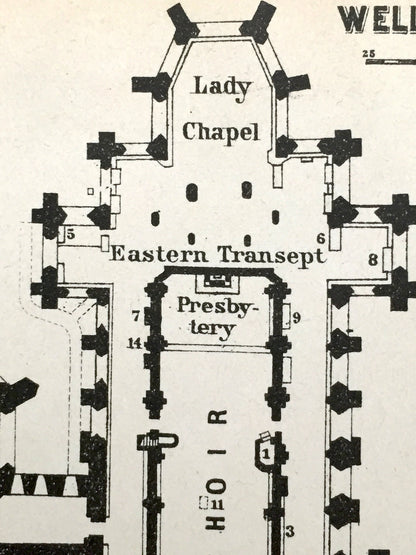 Antique 1927 Wells Cathedral Architectural Plan from Baedekers Atlas of Great Britain – Somerset, England, Mendip, Bishops Palace, Woodbury
