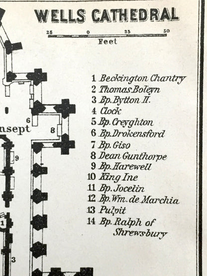 Antique 1927 Wells Cathedral Architectural Plan from Baedekers Atlas of Great Britain – Somerset, England, Mendip, Bishops Palace, Woodbury