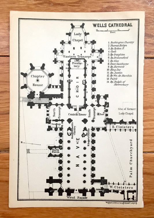 Antique 1927 Wells Cathedral Architectural Plan from Baedekers Atlas of Great Britain – Somerset, England, Mendip, Bishops Palace, Woodbury