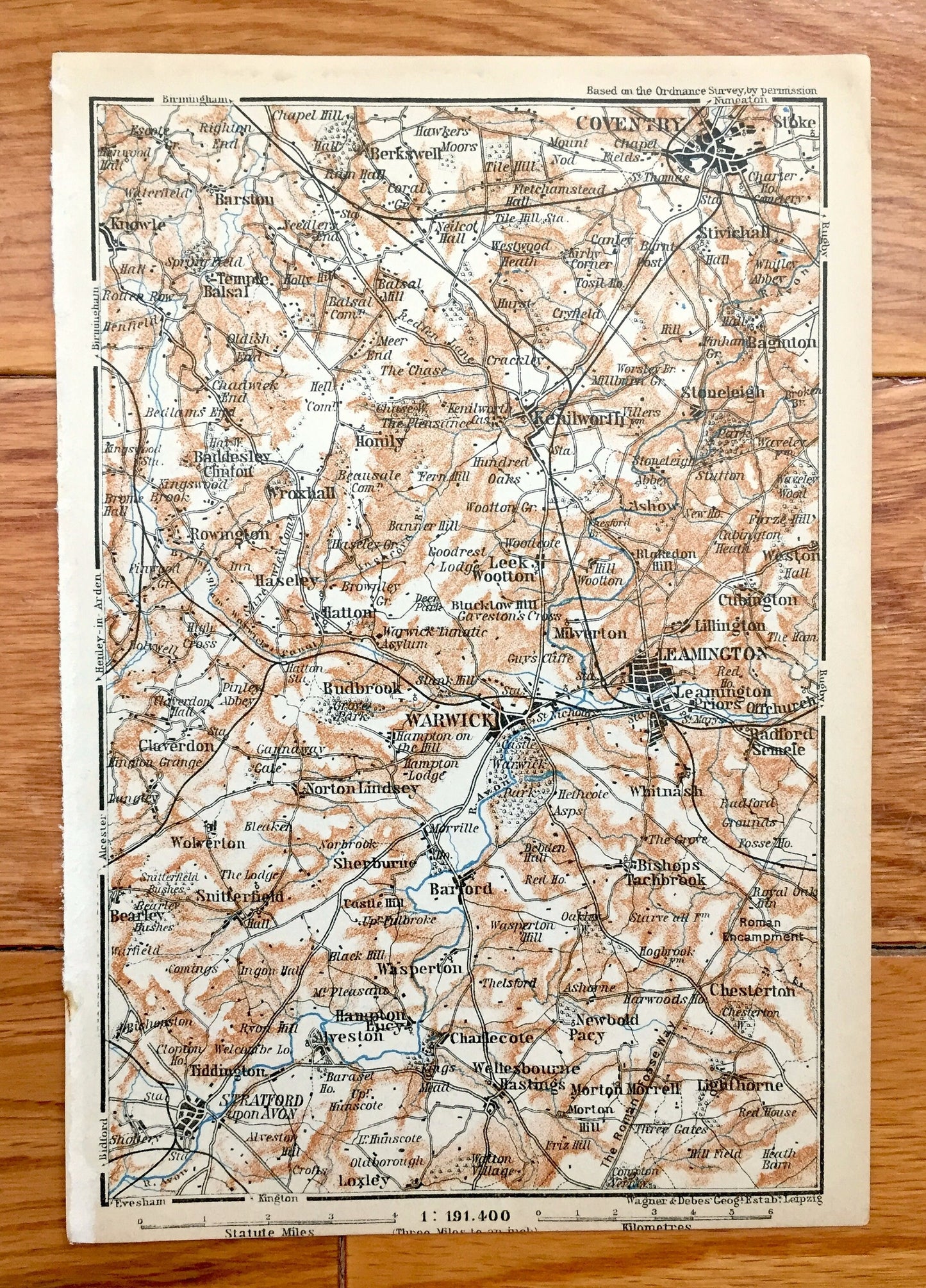 Antique 1927 Warwickshire County, England Map from Baedekers Atlas of Great Britain – West Midlands, Warwick, Leamington, Coventry Stratford