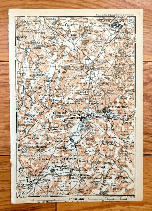 Antique 1927 Warwickshire County, England Map from Baedekers Atlas of Great Britain – West Midlands, Warwick, Leamington, Coventry Stratford