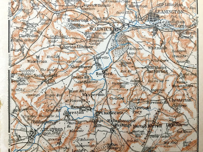 Antique 1927 Warwickshire County, England Map from Baedekers Atlas of Great Britain – West Midlands, Warwick, Leamington, Coventry Stratford