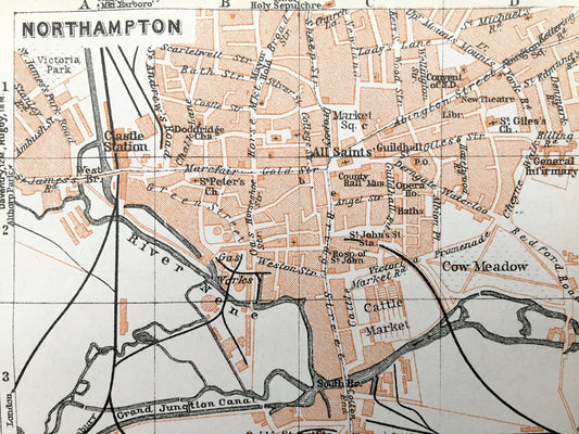 Antique 1927 Northampton & Coventry, England Map from Baedekers Atlas of Great Britain – Midlands, Northamptonshire, Warwickshire, Spon End