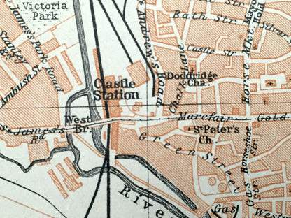 Antique 1927 Northampton & Coventry, England Map from Baedekers Atlas of Great Britain – Midlands, Northamptonshire, Warwickshire, Spon End