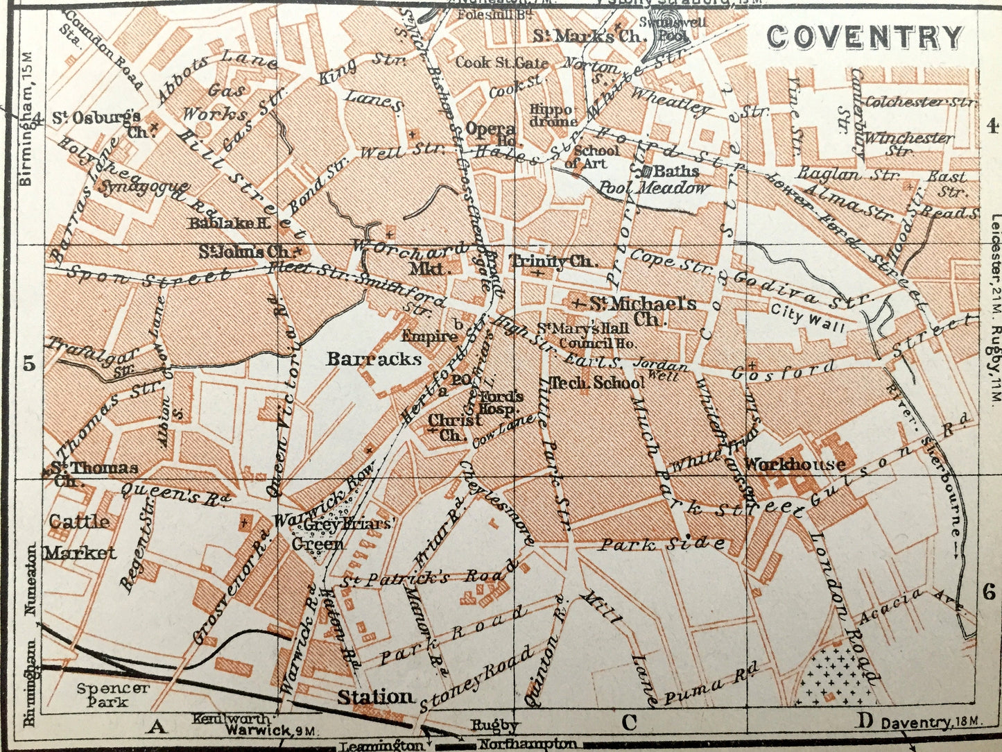 Antique 1927 Northampton & Coventry, England Map from Baedekers Atlas of Great Britain – Midlands, Northamptonshire, Warwickshire, Spon End