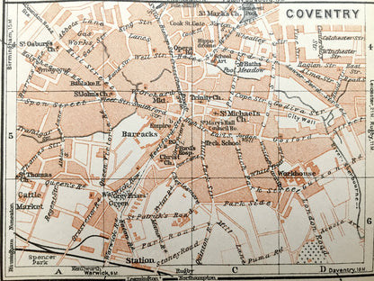 Antique 1927 Northampton & Coventry, England Map from Baedekers Atlas of Great Britain – Midlands, Northamptonshire, Warwickshire, Spon End