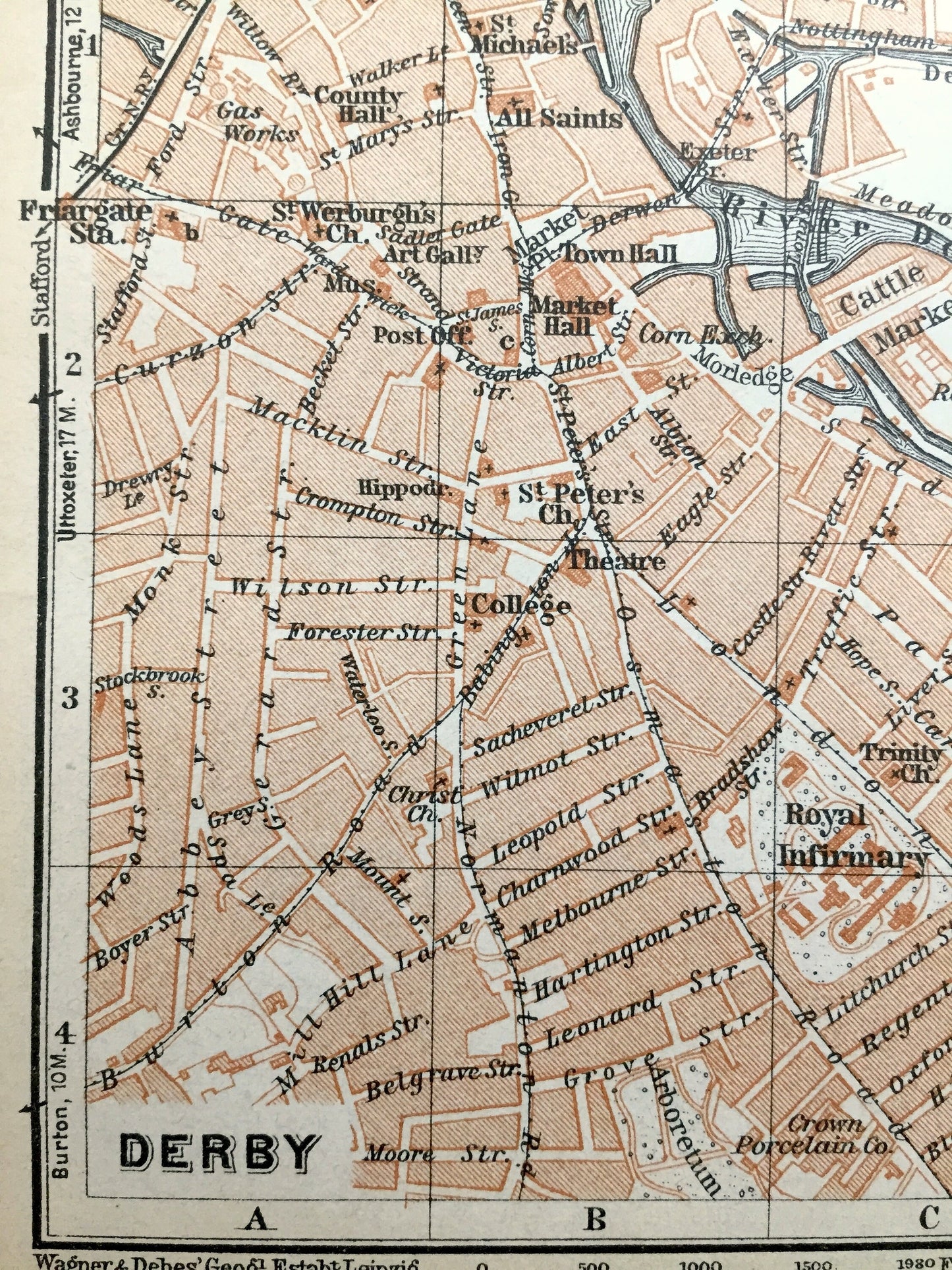 Antique 1927 Derby & Leicester, England Map from Baedekers Atlas of Great Britain – Derbyshire, East Midlands, River Derwent, Eagle Centre