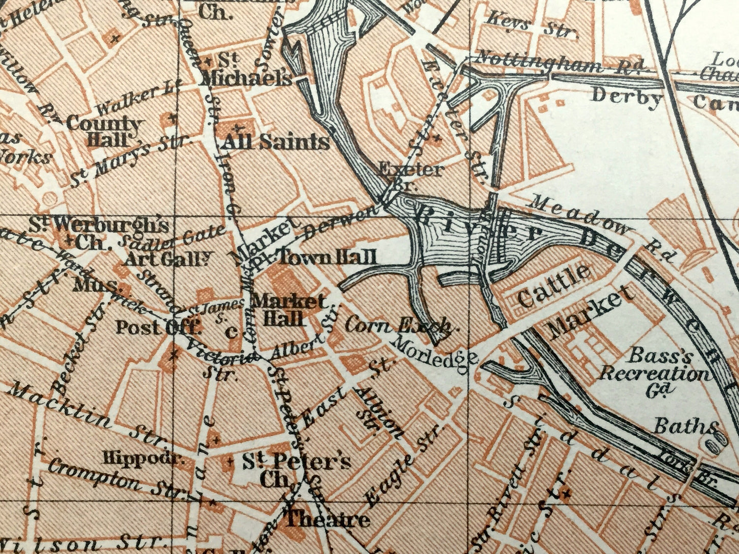 Antique 1927 Derby & Leicester, England Map from Baedekers Atlas of Great Britain – Derbyshire, East Midlands, River Derwent, Eagle Centre