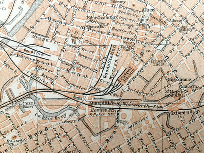 Antique 1927 Liverpool & Manchester, England Map from Baedekers Atlas of Great Britain – Lancashire, Merseyside, Cheshire, Birkenhead Mersey