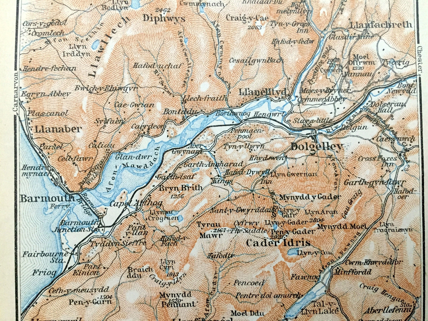 Antique 1927 Gwynedd, Wales Map from Baedekers Atlas of Great Britain – River Mawddach, Barmouth, Dolgelley, Llwyngwril Llanaber Cader Idris