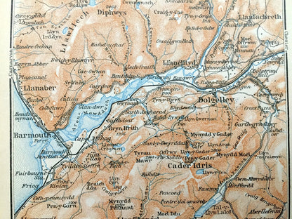 Antique 1927 Gwynedd, Wales Map from Baedekers Atlas of Great Britain – River Mawddach, Barmouth, Dolgelley, Llwyngwril Llanaber Cader Idris
