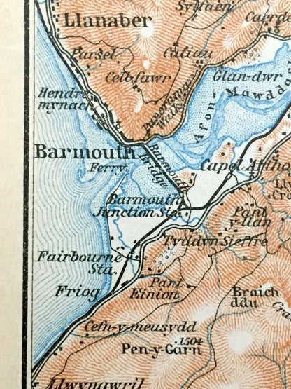Antique 1927 Gwynedd, Wales Map from Baedekers Atlas of Great Britain – River Mawddach, Barmouth, Dolgelley, Llwyngwril Llanaber Cader Idris