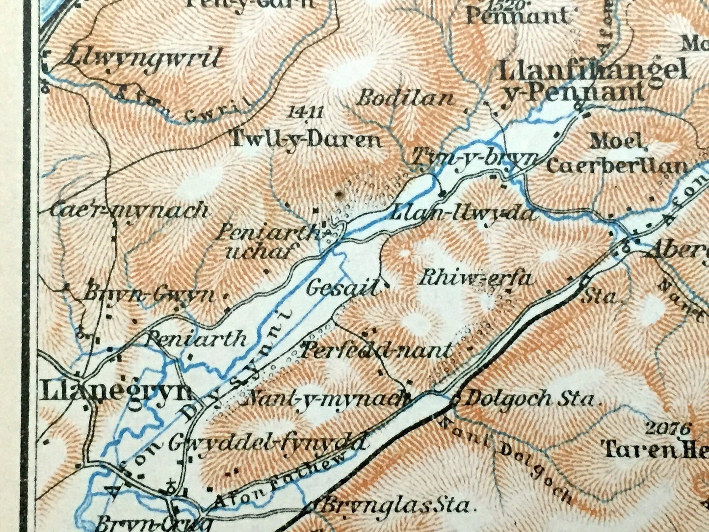 Antique 1927 Gwynedd, Wales Map from Baedekers Atlas of Great Britain – River Mawddach, Barmouth, Dolgelley, Llwyngwril Llanaber Cader Idris