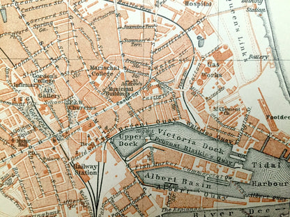 Antique 1927 Aberdeen, Scotland Map from Baedekers Atlas of Great Britain – River Dee, Don, Mannofield, Torry, North Sea, Obar Dheathain