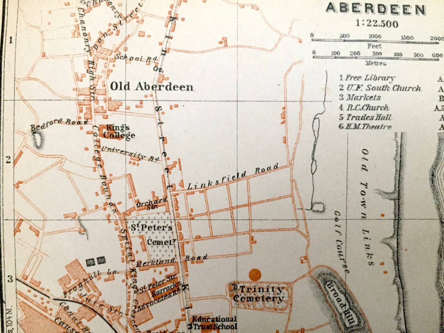 Antique 1927 Aberdeen, Scotland Map from Baedekers Atlas of Great Britain – River Dee, Don, Mannofield, Torry, North Sea, Obar Dheathain