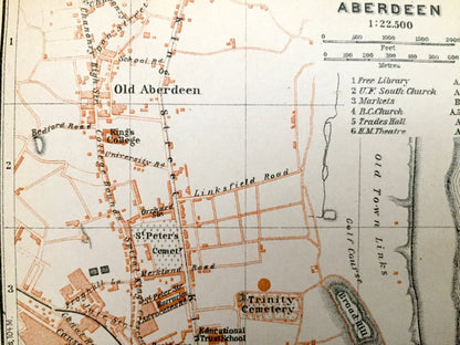 Antique 1927 Aberdeen, Scotland Map from Baedekers Atlas of Great Britain – River Dee, Don, Mannofield, Torry, North Sea, Obar Dheathain