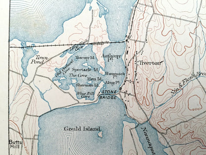 Antique 1885 Fall River, Massachusetts US Geological Survey Topographic Map – Sakonnet River, Swansea, Westport & Tiverton, Rhode Island, MA