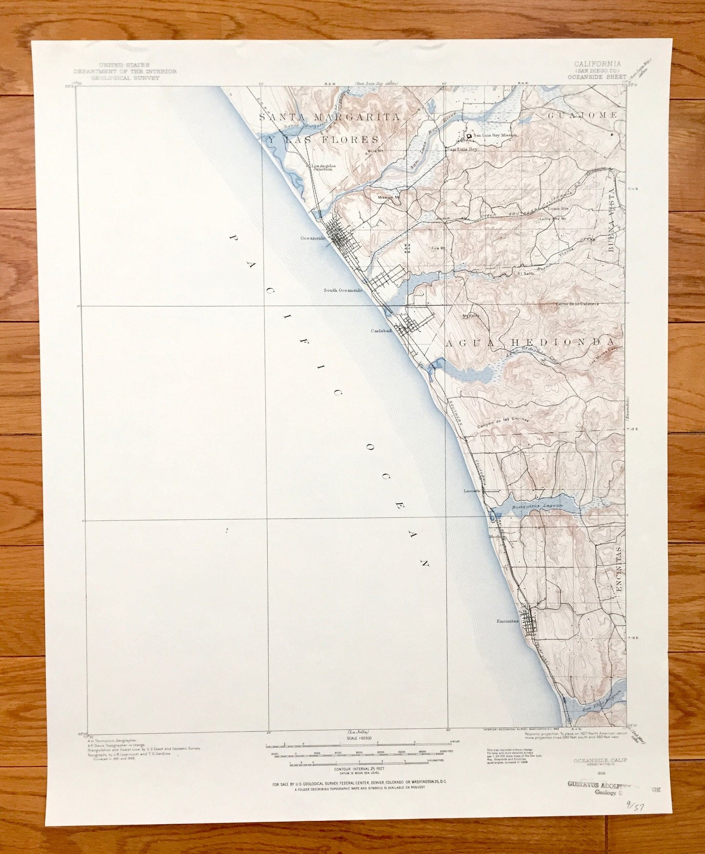 Antique Oceanside, California 1898 US Geological Survey Topographic Map – San Luis Rey, Encinitas, Escondido, Carlsbad, Santa Rosa, Merle CA