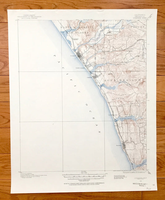 Antique Oceanside, California 1898 US Geological Survey Topographic Map – San Luis Rey, Encinitas, Escondido, Carlsbad, Santa Rosa, Merle CA