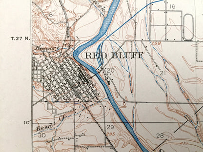 Antique Tehama, California 1905 US Geological Survey Topographic Map – Red Bluff, Sacramento River, Big Bend, Proberta, Las Flores, Tyler CA
