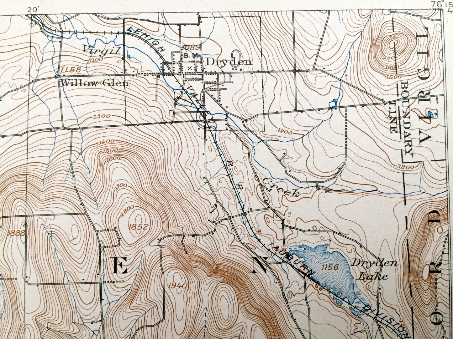 Antique Ithaca, New York 1900 US Geological Survey Topographic Map – Dryden, Lansing, Harford, Richford, Caroline, Candor, Spencer, Danby NY