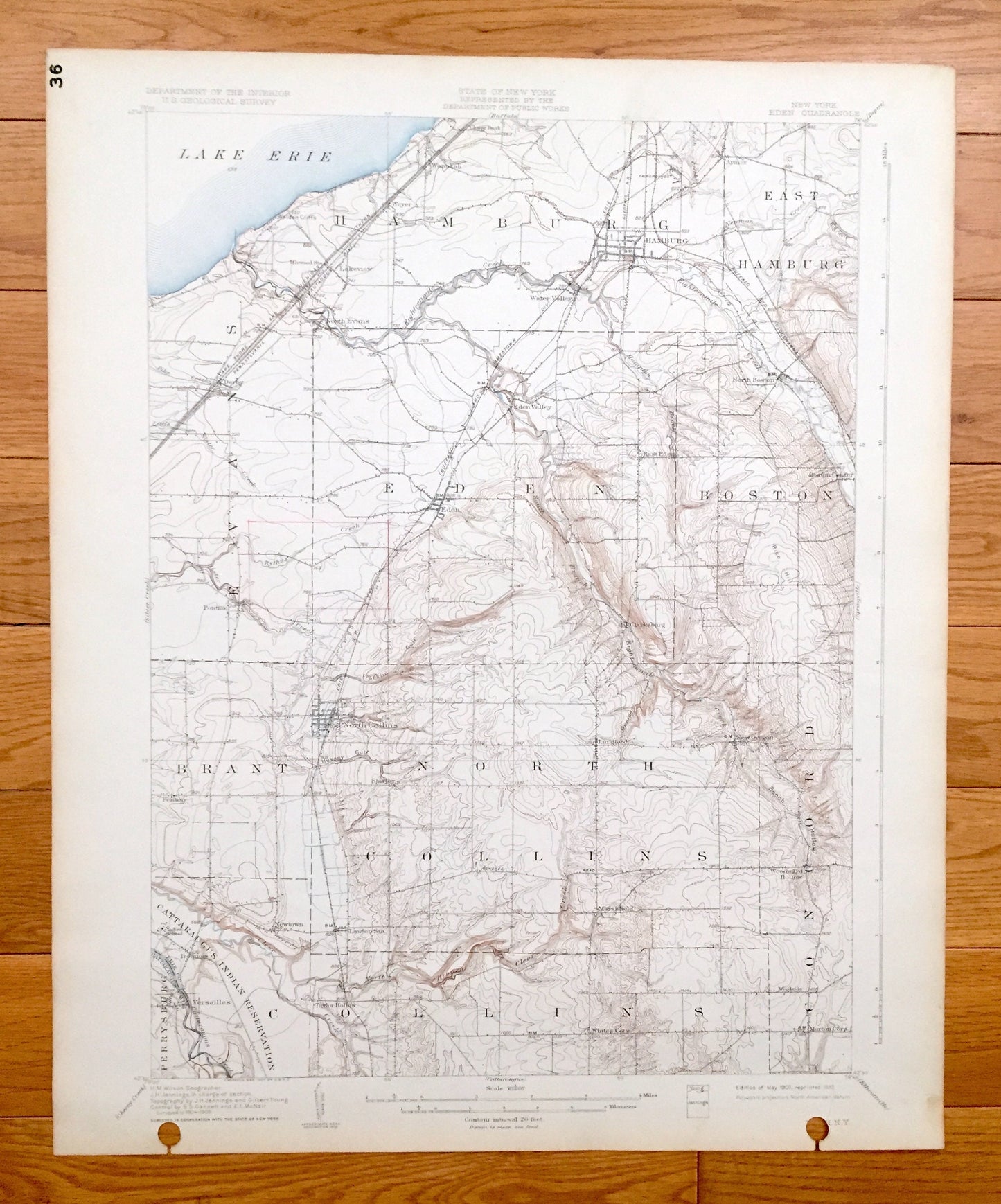 Antique Eden, New York 1907 US Geological Survey Topographic Map - Hamburg, Evans, Boston, Concord, Collins, Brant, Perrysburg, Lake Erie NY