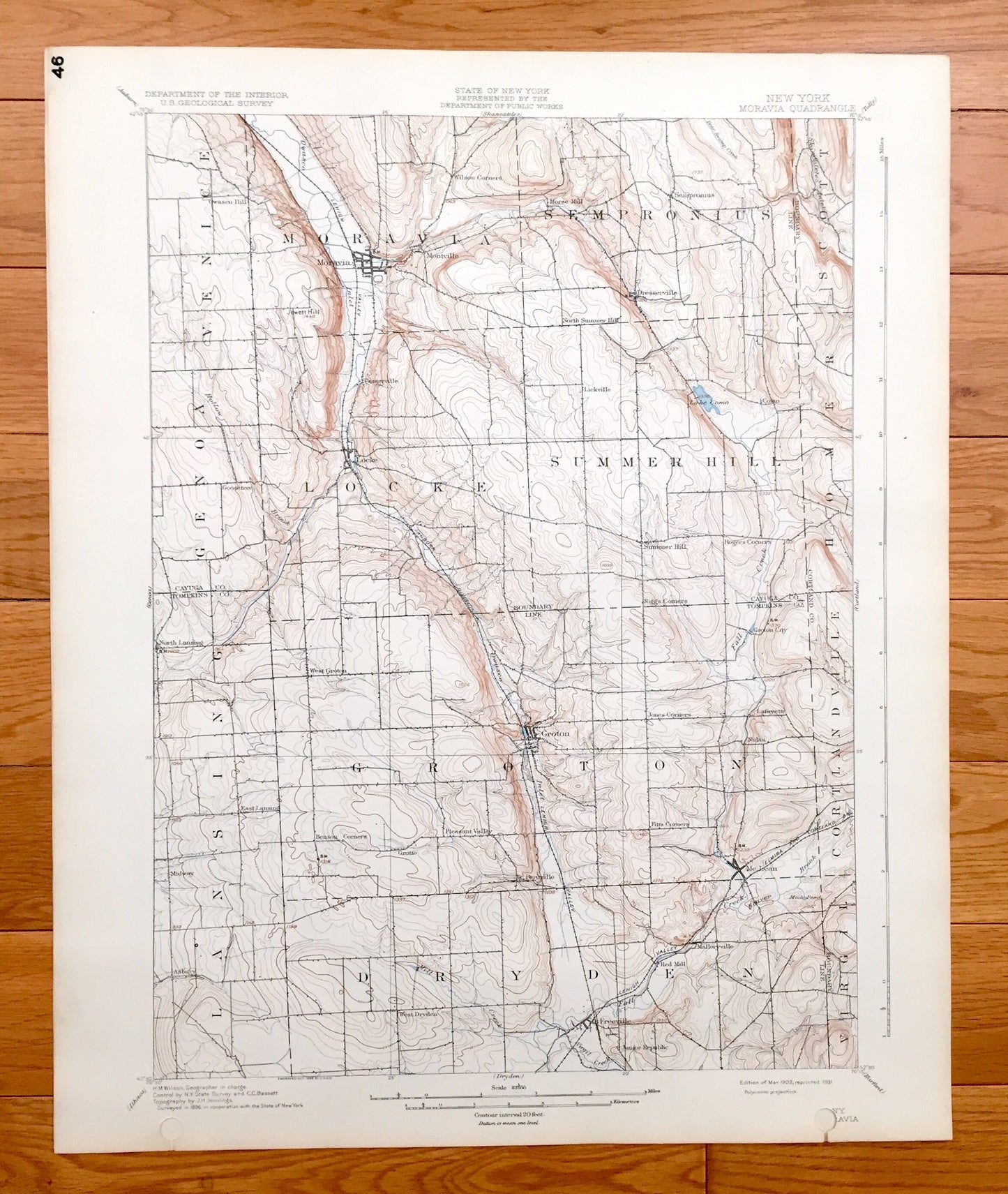 Antique Moravia, New York 1902 US Geological Survey Topographic Map - Sempronius, Locke, Groton, Freeville, Dryden, Lansing, Genoa Venice NY