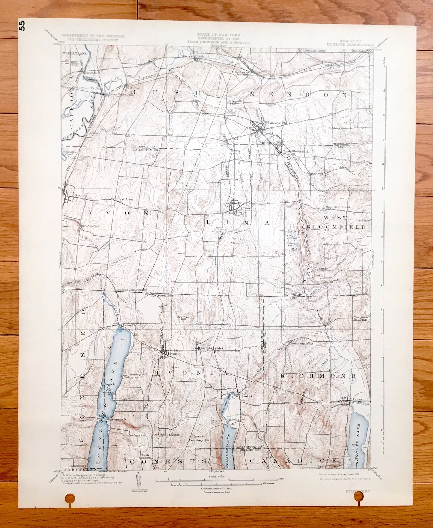 Antique Honeoye, New York 1904 US Geological Survey Topographic Map - Mendon, Rush, Wheatland, Avon, Lima, Caledonia, Richmond, Genesee, NY