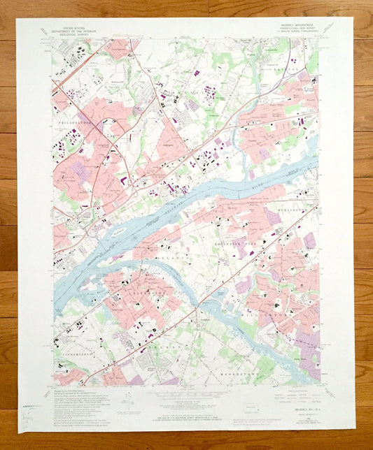 Antique Beverly, New Jersey & Philadelphia, Pennsylvania 1966 US Geological Survey Topographic Map – Bristol, Delran, Morestown, Cinnaminson