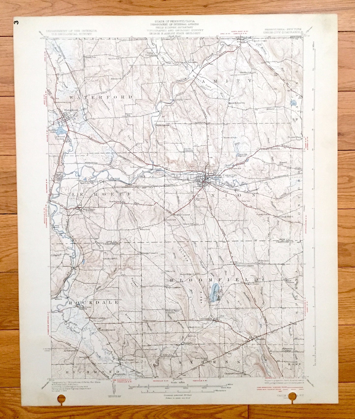 Antique Union City, Pennsylvania 1932 US Geological Survey Topographic Map - Waterford, Amity, Leboeuf, Bloomfield, Athens, Richmond, Sparta