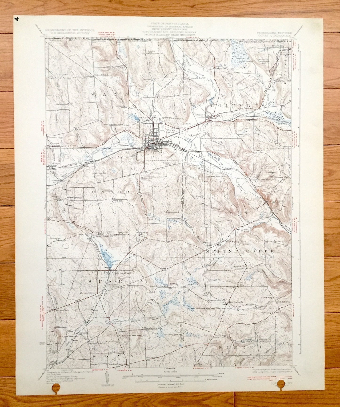 Antique Corry, Pennsylvania 1932 US Geological Survey Topographic Map - Wayne, Columbus, Concord, Spring Creek, Sparta, Eldred, Rome, Elgin