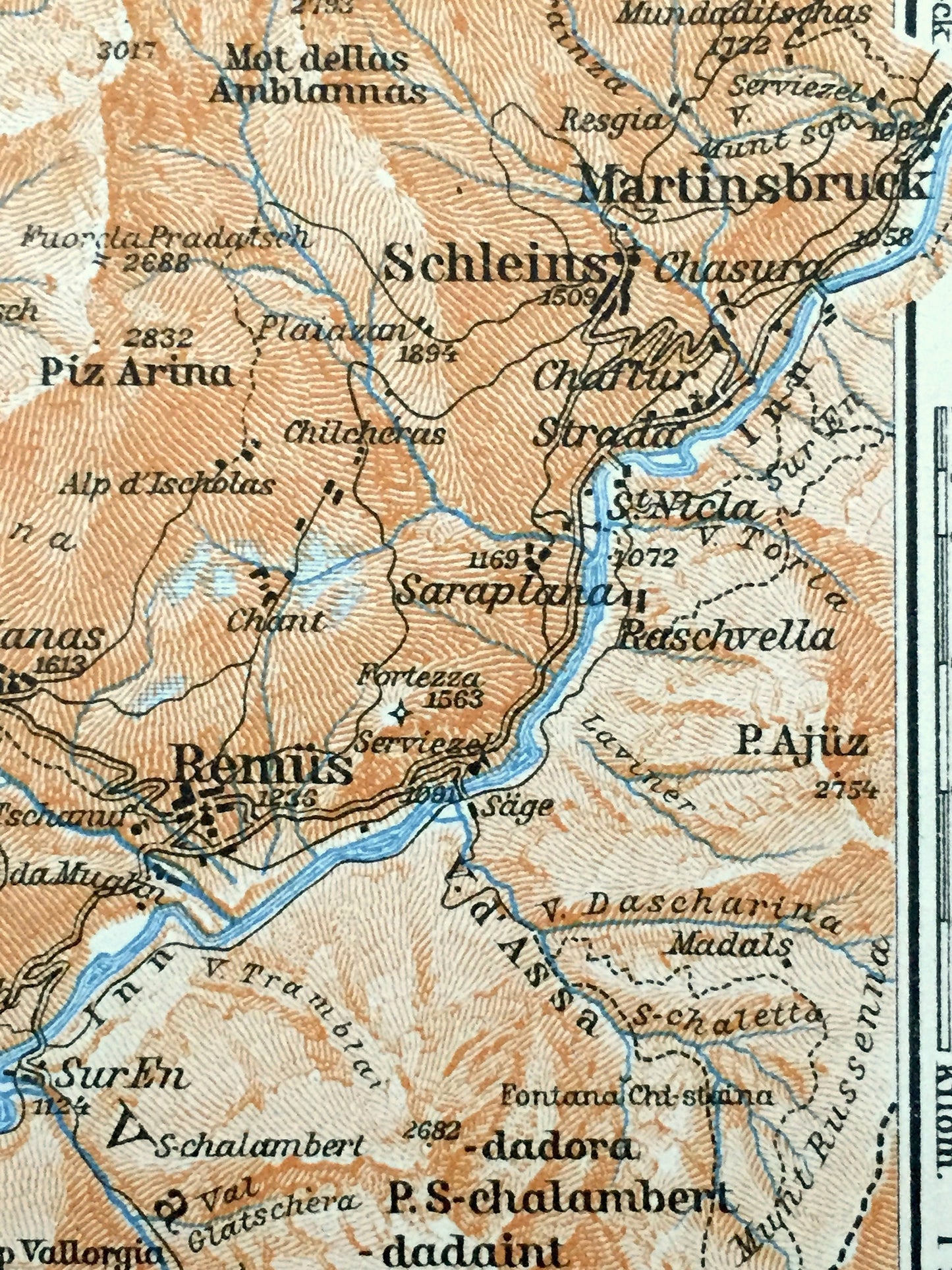 Antique 1913 Scuol, Switzerland Map from Baedekers Guide Atlas – Schuls, Sent, Martina, Martinsbruck, Ramosch, Engadine Valley, Muttler Alps