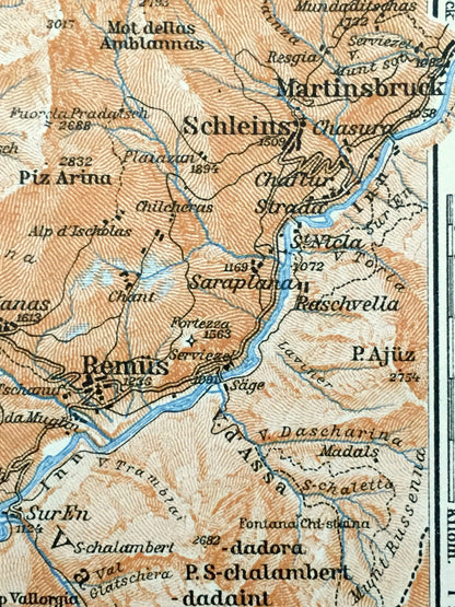 Antique 1913 Scuol, Switzerland Map from Baedekers Guide Atlas – Schuls, Sent, Martina, Martinsbruck, Ramosch, Engadine Valley, Muttler Alps