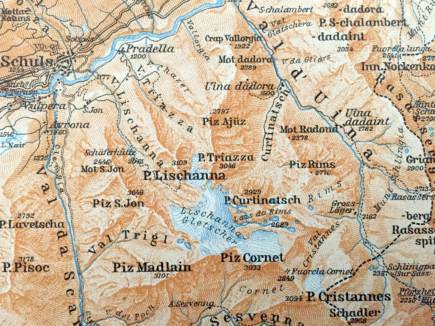 Antique 1913 Scuol, Switzerland Map from Baedekers Guide Atlas – Schuls, Sent, Martina, Martinsbruck, Ramosch, Engadine Valley, Muttler Alps
