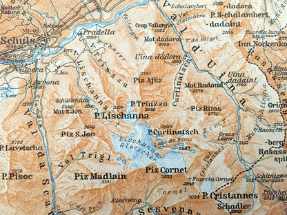 Antique 1913 Scuol, Switzerland Map from Baedekers Guide Atlas – Schuls, Sent, Martina, Martinsbruck, Ramosch, Engadine Valley, Muttler Alps