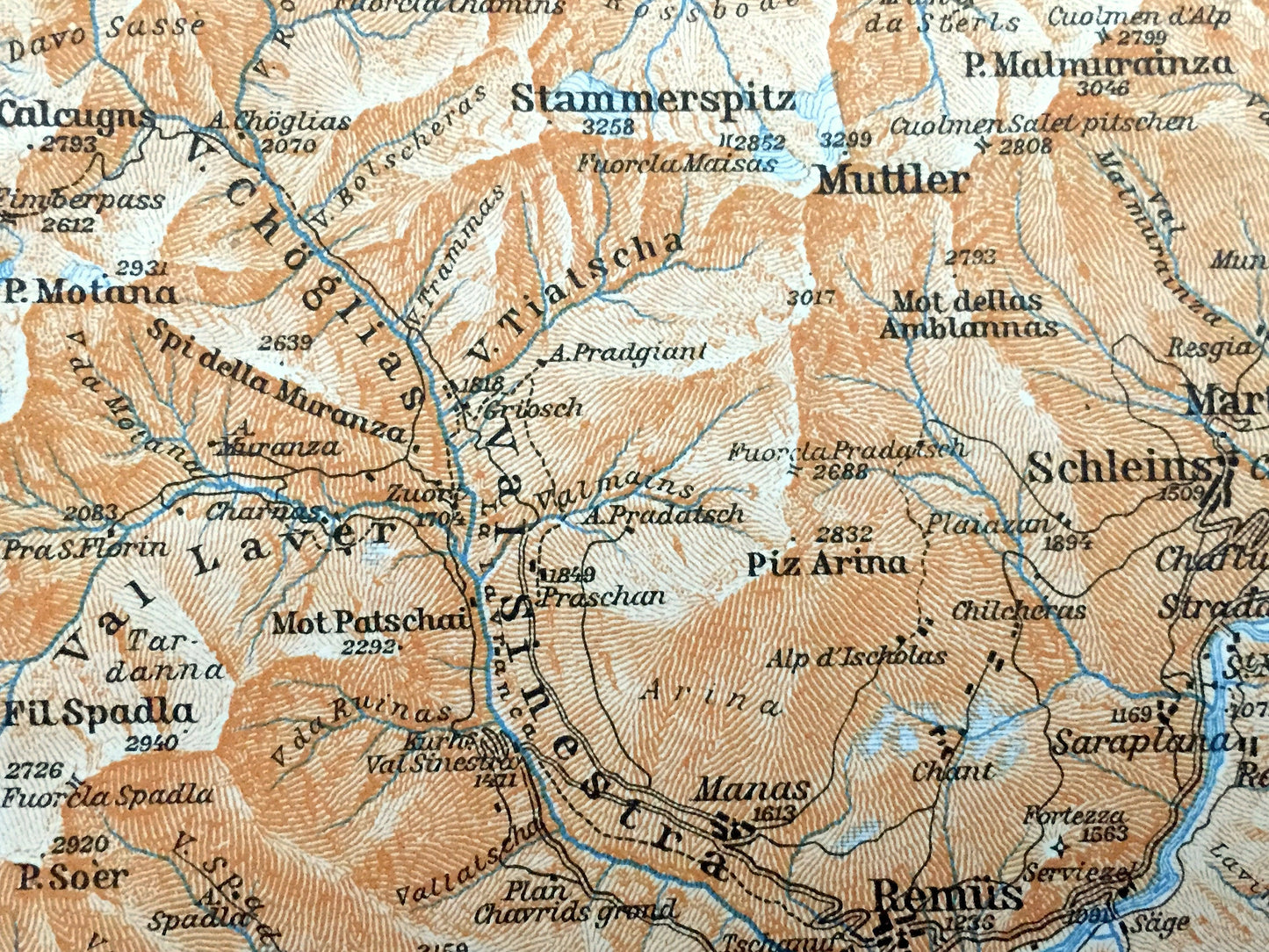 Antique 1913 Scuol, Switzerland Map from Baedekers Guide Atlas – Schuls, Sent, Martina, Martinsbruck, Ramosch, Engadine Valley, Muttler Alps