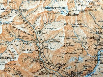 Antique 1913 Scuol, Switzerland Map from Baedekers Guide Atlas – Schuls, Sent, Martina, Martinsbruck, Ramosch, Engadine Valley, Muttler Alps