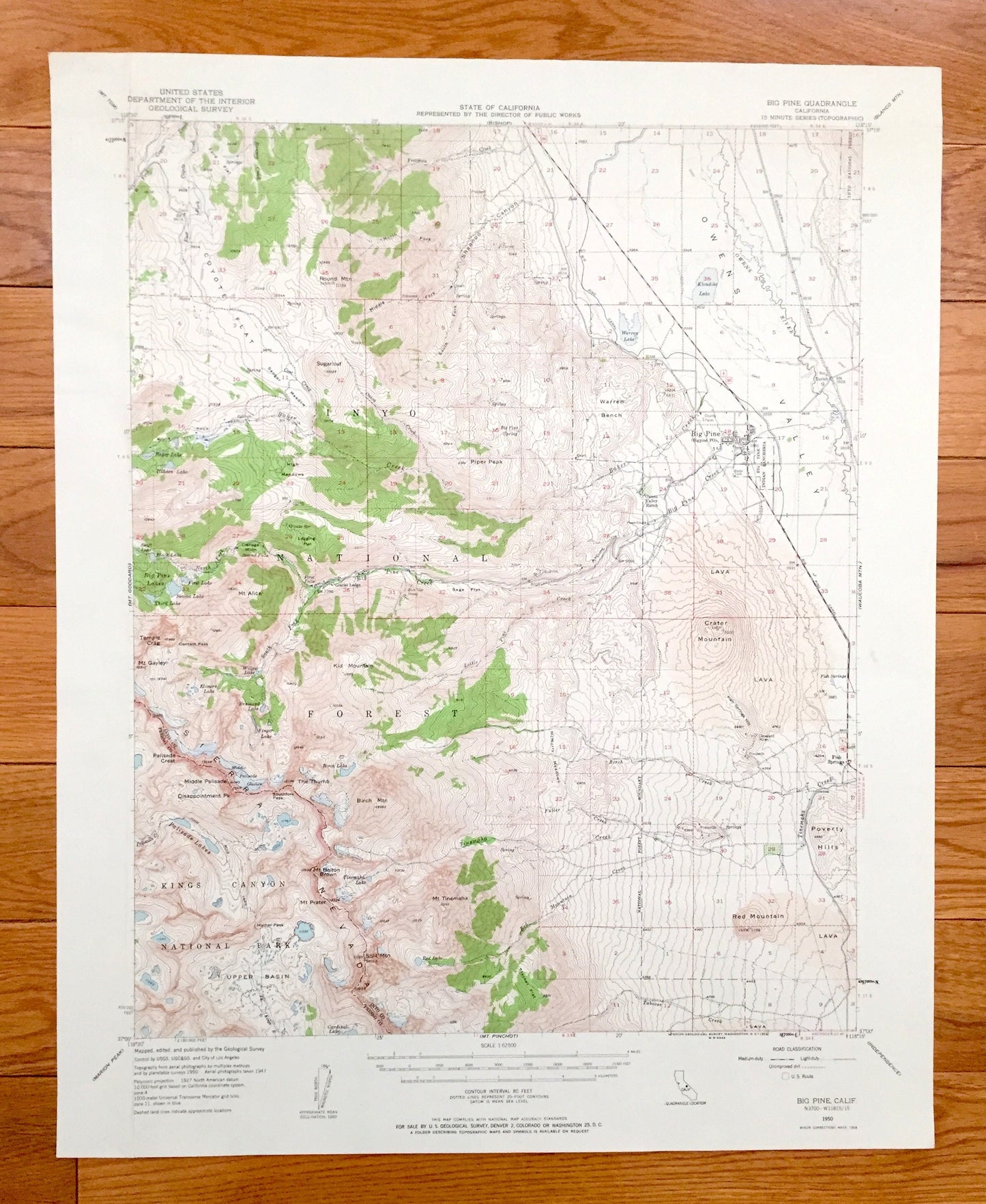 Antique Big Pine, California 1950 US Geological Survey Topographic Map – Inyo National Forest, Kings Canyon Park, Fresno County Owens Valley