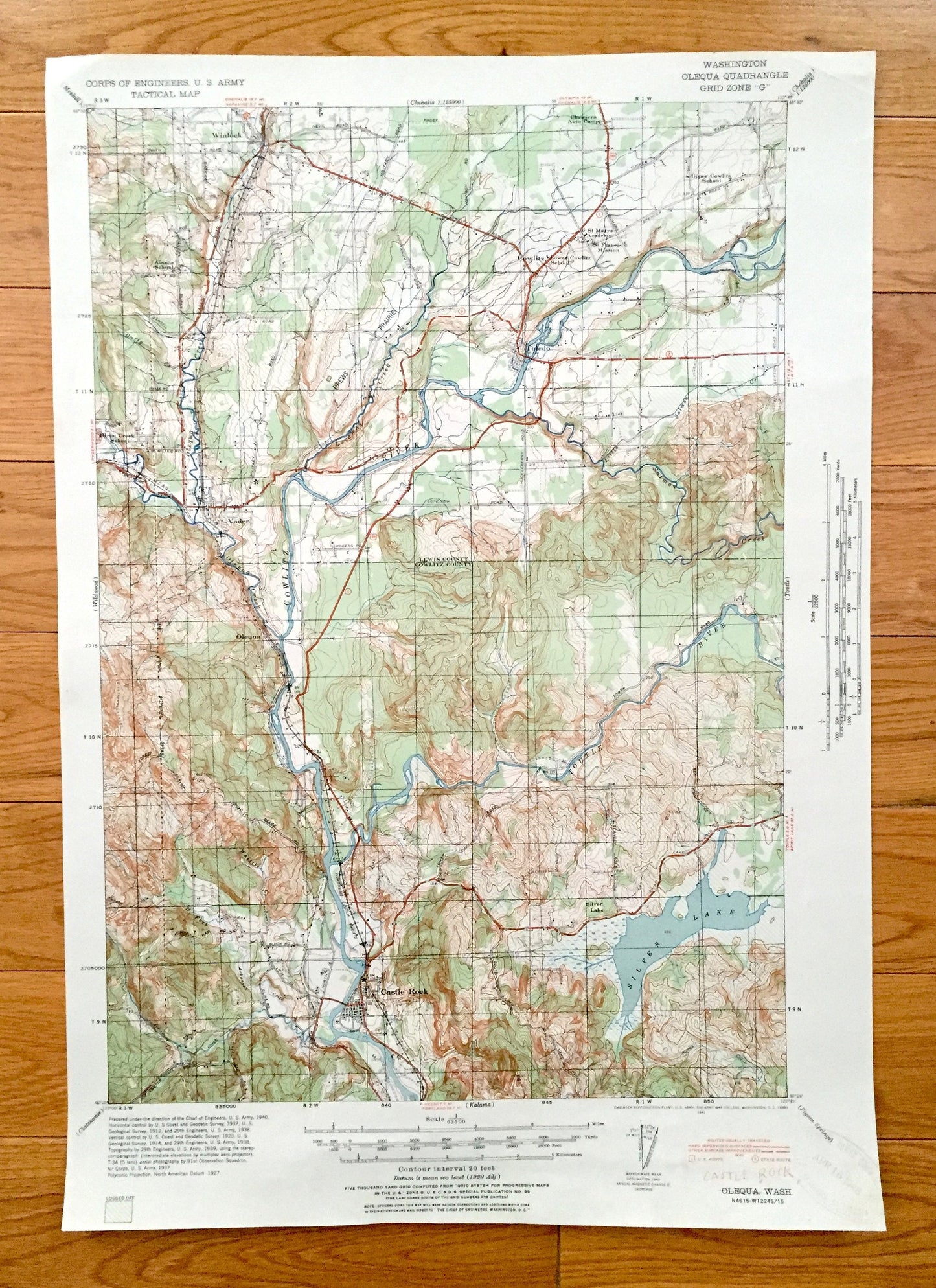 Antique Castle Rock, Washington 19341 US Geological Survey Topographic Map – Cowlitz, Lewis County, Vader, Olequa, Toledo, Winlock Toutle WA