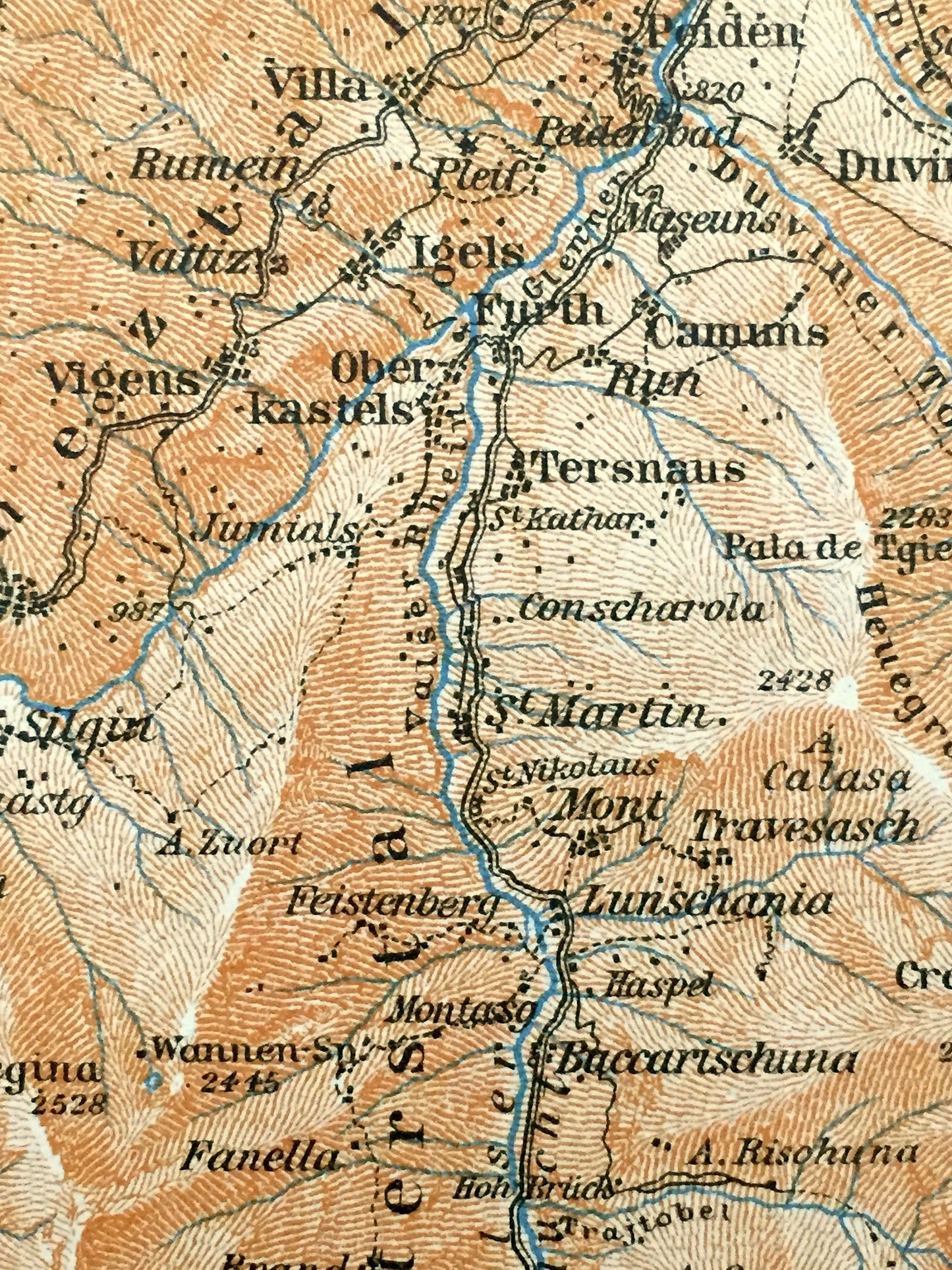 Antique 1913 Vals Platz, Switzerland Map from Baedekers Guide Atlas – Hinterrhein, Vrin, Safien Platz, Medels, Sphigen, Nufenen, Rothorn