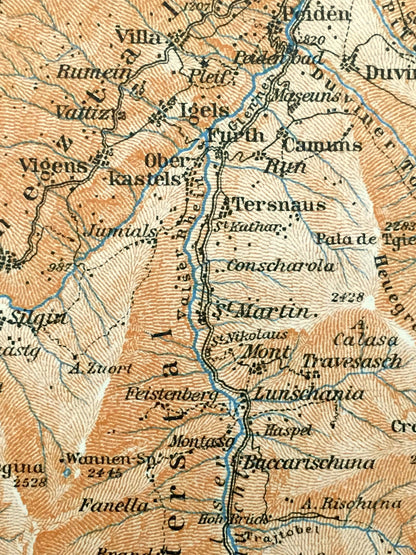 Antique 1913 Vals Platz, Switzerland Map from Baedekers Guide Atlas – Hinterrhein, Vrin, Safien Platz, Medels, Sphigen, Nufenen, Rothorn