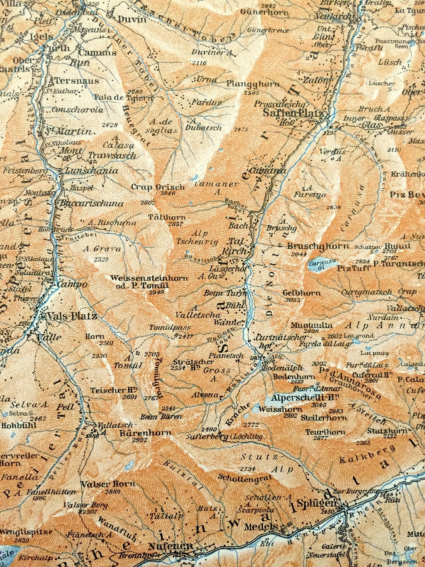 Antique 1913 Vals Platz, Switzerland Map from Baedekers Guide Atlas – Hinterrhein, Vrin, Safien Platz, Medels, Sphigen, Nufenen, Rothorn