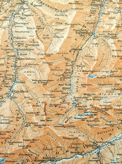 Antique 1913 Vals Platz, Switzerland Map from Baedekers Guide Atlas – Hinterrhein, Vrin, Safien Platz, Medels, Sphigen, Nufenen, Rothorn